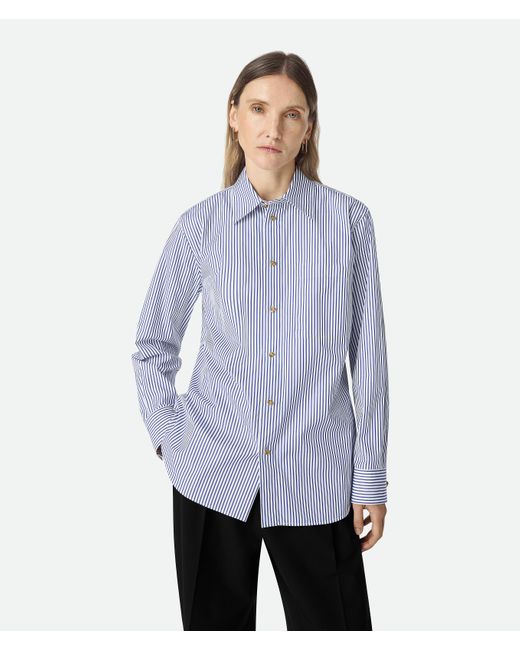 Bottega Veneta Blue Hemd Aus Baumwollpopeline Mit Nadelstreifen