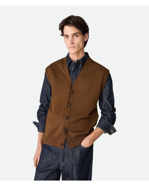 Bottega Veneta Brown Wool Rib Cardigan Gilet for men