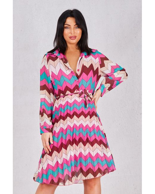Boutique Store Pink (multi) Printed Belted Mini Pleated Shirt Dress