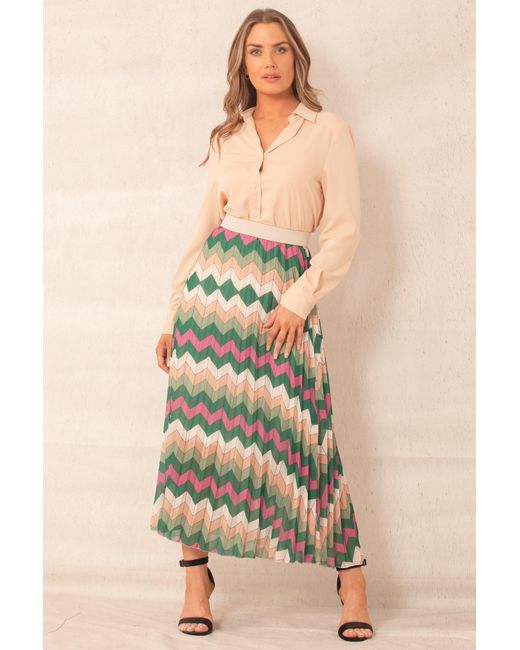 Boutique Store Green Multicolour Printed Pleated Maxi Skirt With Elasticated Waistband