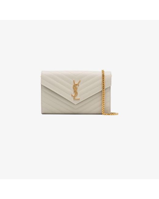 Saint Laurent Monogram Quilted Leather Chain Wallet White/Gold