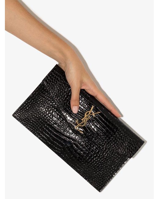 Saint Laurent Uptown Pouch In Crocodile Embossed Shiny Leather - Nero