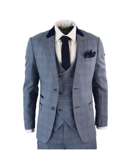 Infinity Leather Blue 3 Piece Herringbone Check Suit