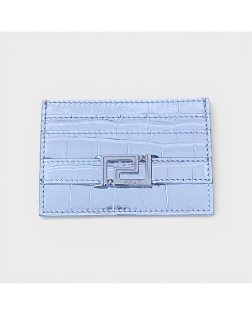 Versace Blue Logo Card Case Laminated Croco Tone