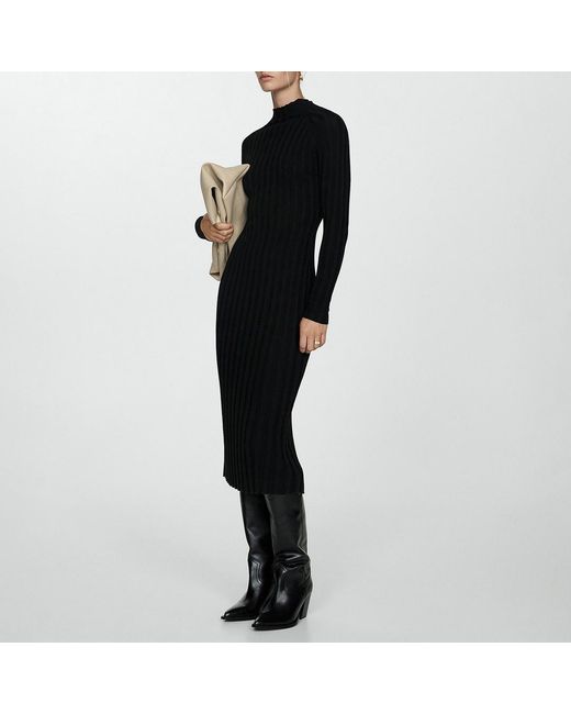 Mango Black High Neck Ribbed Midi Dress