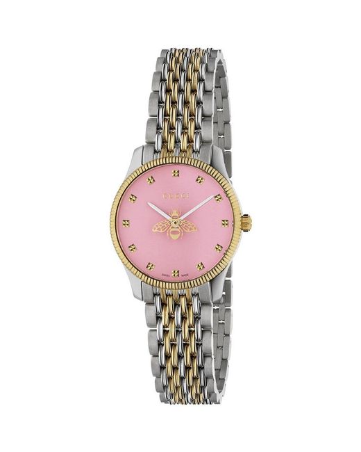 Gucci Pink Stainless Steel Baton Dial Signature Bee Watch