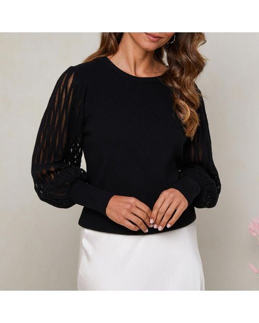 Sofiacashmere Black Cashmere Blend Net Sleeve Jumper