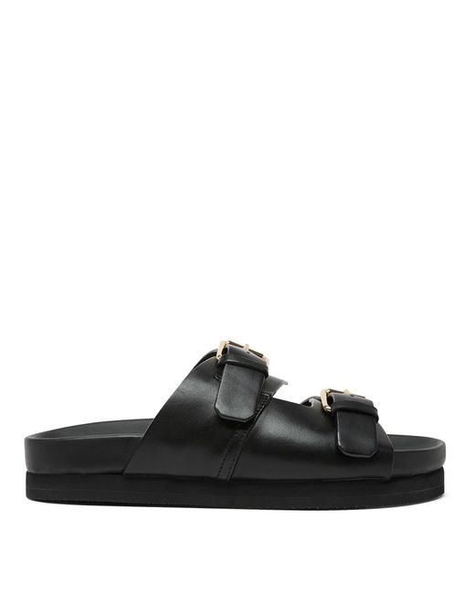 GRENSON Black Flora Double Buckle Flat Sandal