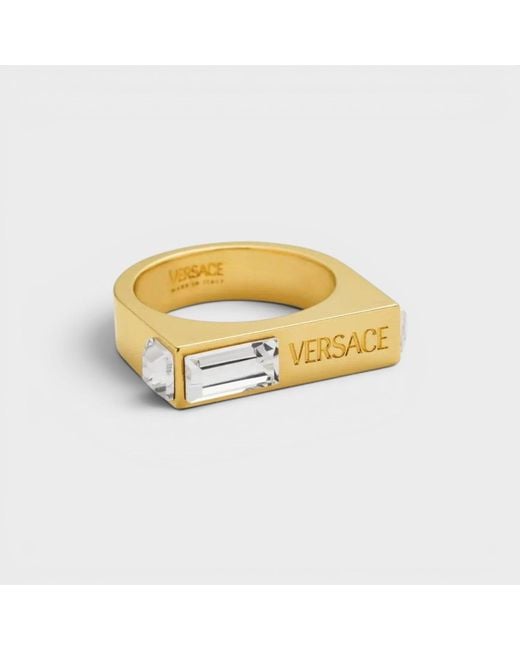 Versace Metallic Logo Engraved Crystal Embellished Ring