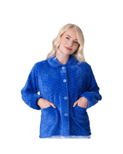 CAMILLE Blue Supersoft Button Front Embossed Bed Jacket