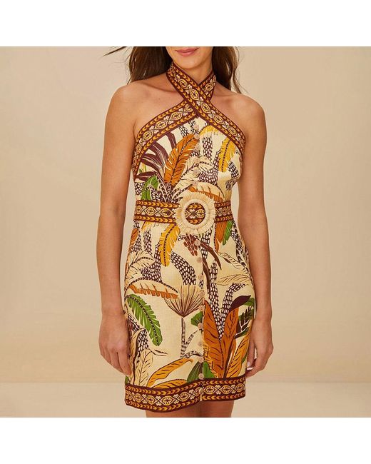 Farm Rio Metallic Foliage Sketch Halter Neck Linen Mini Dress