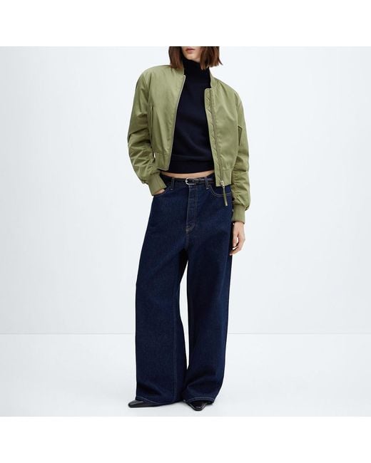 Mango Blue Khaki Boxy Cropped Bomber Jacket