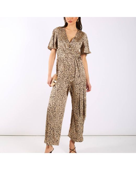 Needs No Label Natural Leopard Printed Satin Jumpsuit