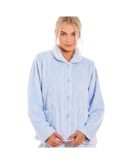 CAMILLE Blue Supersoft Diamond Print Button Up Bed Jacket