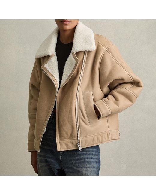 Reiss Natural Tan Mona Leather Shearling Aviator Jacket