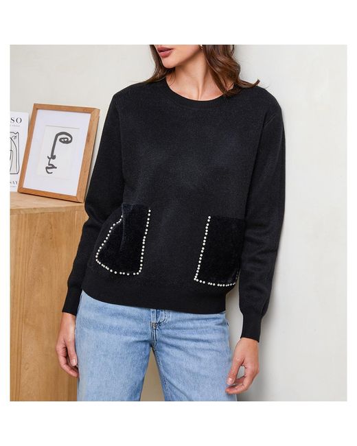 Sofiacashmere Black Cashmere Blend Pearl Patch Pocket Jumper