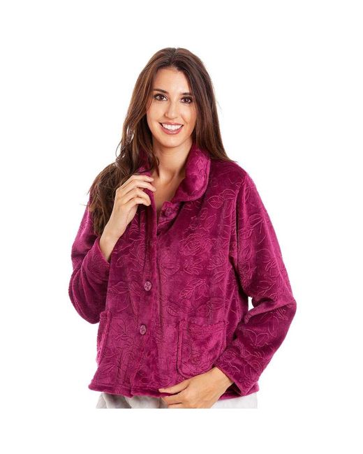 CAMILLE Red Button Up Rose Embossed Bed Jacket
