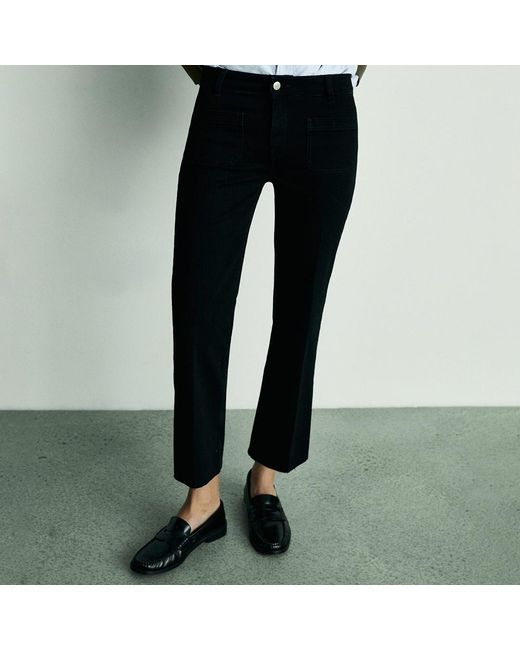 Mango Black Cotton Blend Flared Cropped Jeans With Pockets