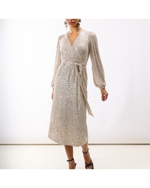 Needs No Label Natural Sequin Wrap Midi Dress