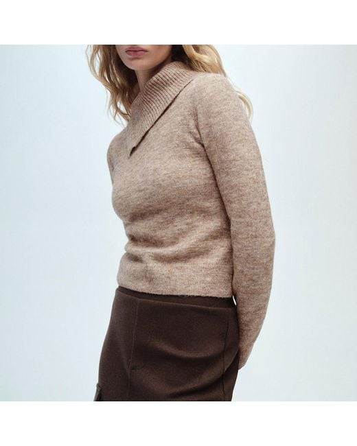 Mango Brown Camel Wool Blend Asymmetric Lapel Jumper