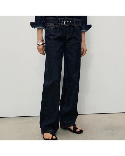 Mango Blue Open Low Rise Straight Jeans With Belt