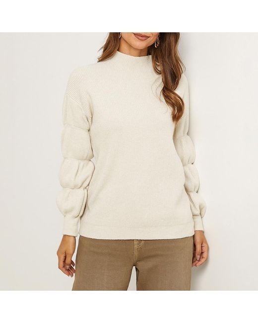 Sofiacashmere Natural Ribbed Bubble Sleeve Cashmere Blend Jumper