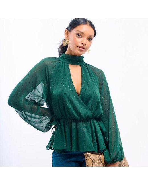Needs No Label Green Sparkly Wrap Top