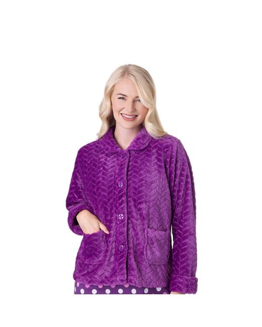 CAMILLE Purple Supersoft Button Front Embossed Bed Jacket