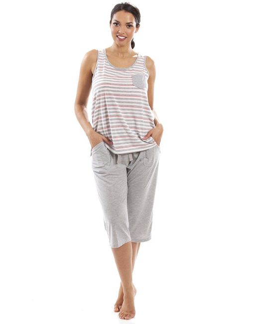 CAMILLE Gray Lightweight Striped Capri Bottom Pyjama Set