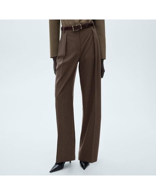 Mango Brown Straight Leg Pleated Trousers