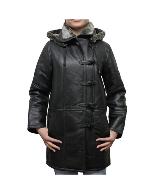 Infinity Leather Black Shearling Hooded Duffle Coat-Lille