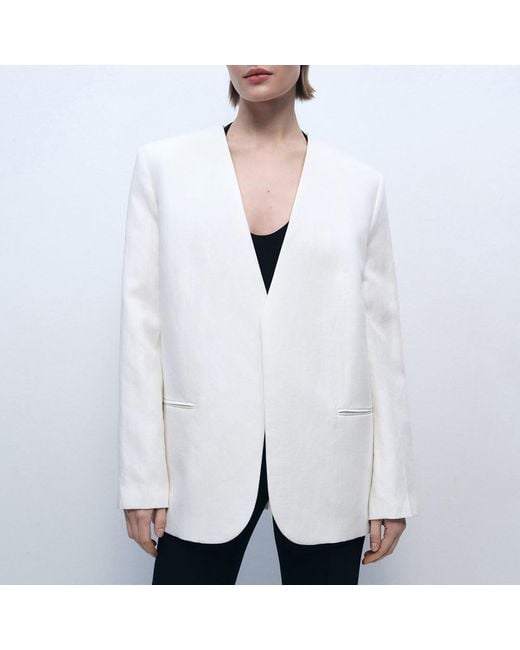 Mango White Lyocell And Linen-Blend Jacket