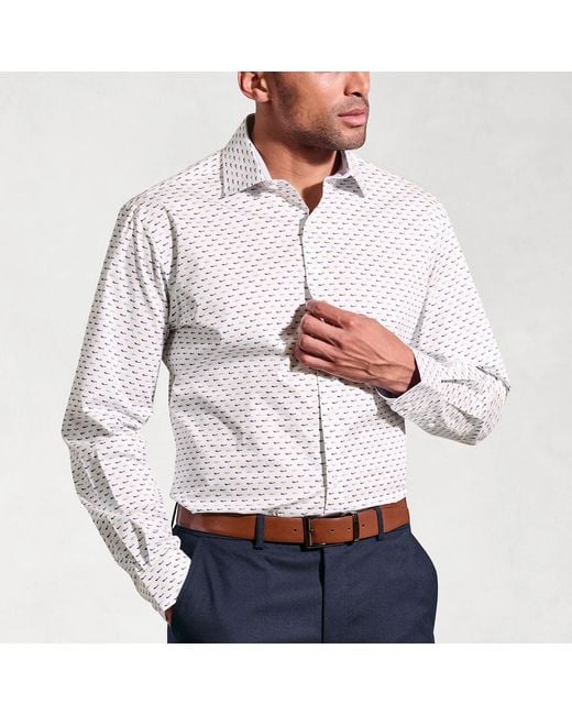 Brook Taverner White Regular Fit Tiny Fish Print Stretch Cotton Shirt