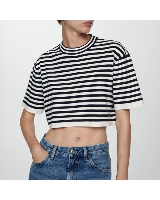 Mango Blue Dark Cropped Striped Sweater