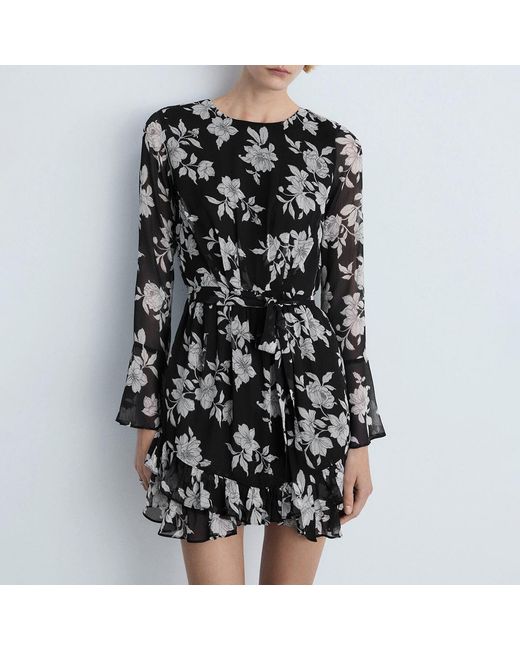 Mango Black Ruffled Floral Print Mini Dress