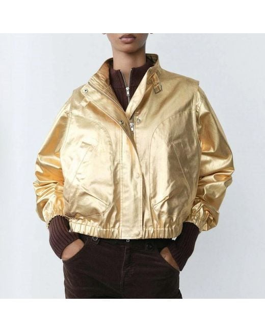 Mango Metallic Denim Bomber Jacket
