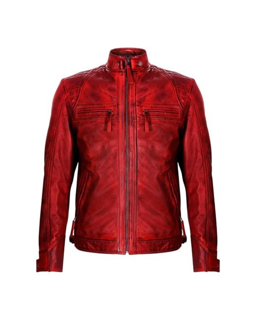 Infinity Leather Red Classic Leather Quilted Biker Jacket-Silsden