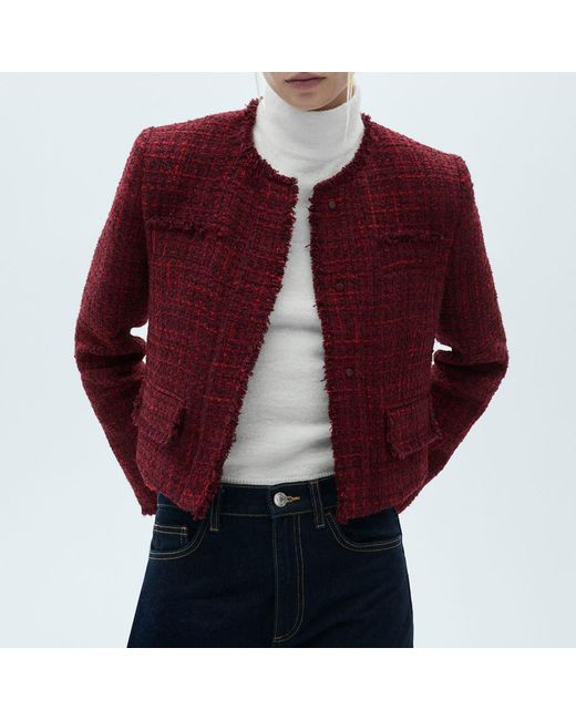 Mango Red Tweed Jacket With Frayed Ends