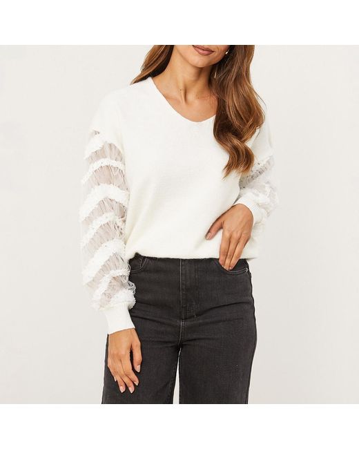 Sofiacashmere White Mesh Ruffle Sleeve Cashmere Blend Jumper
