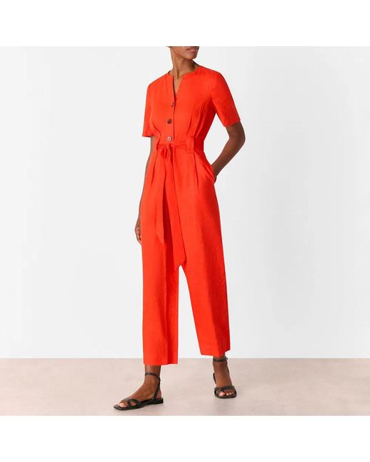 Whistles Red Linen Button Jumpsuit