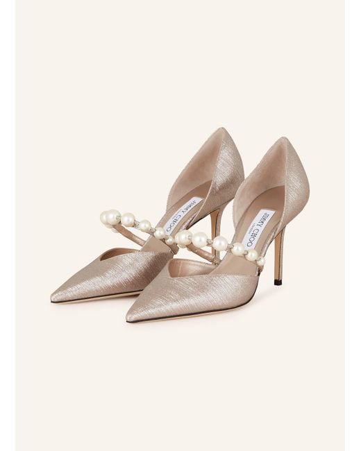 Jimmy Choo Natural Mary-Jane-Pumps AURELIE 85 mit Schmuckperlen