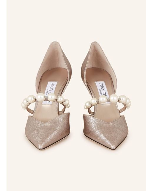 Jimmy Choo Natural Mary-Jane-Pumps AURELIE 85 mit Schmuckperlen