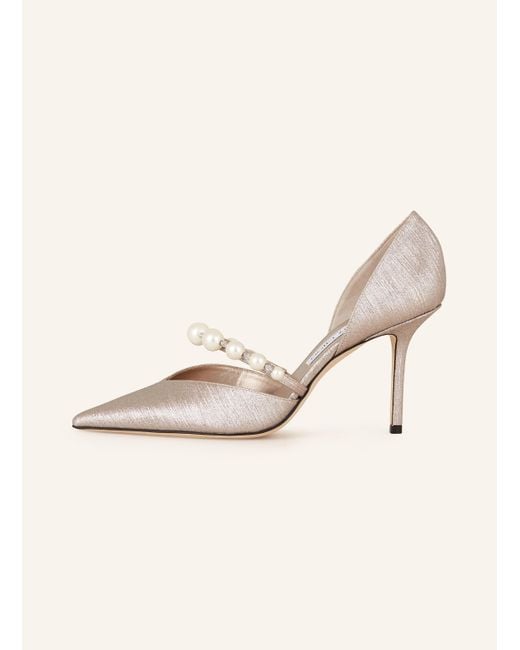 Jimmy Choo Natural Mary-Jane-Pumps AURELIE 85 mit Schmuckperlen