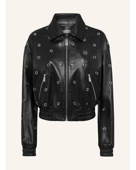 Philipp Plein Black Leather Eyelet Bomber Jacket LS