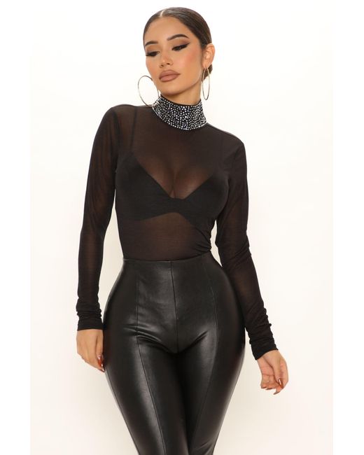 Briar Thorn Rhinestone High Neck Long Sleeve Sheer Mesh Bodysuit in Brown |  Lyst