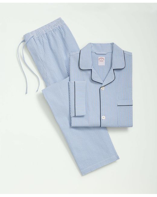 Brooks Brothers Blue Stretch Cotton Seersucker Striped Pajamas for men