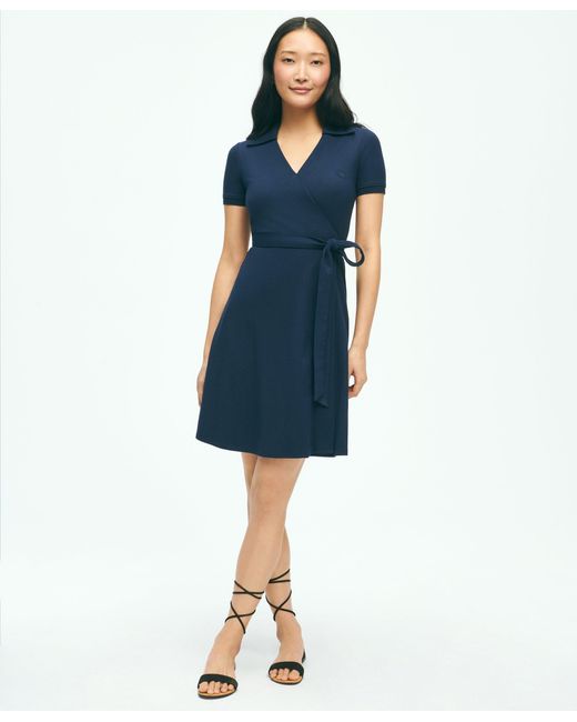Brooks Brothers Blue Polo Wrap Dress In Pique Cotton Modal Blend
