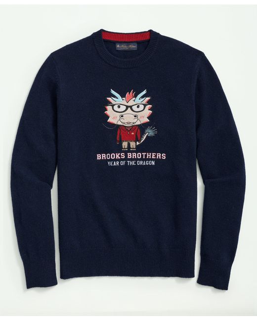 Brooks Brothers Blue Merino Wool Blend Crewneck Lunar New Year Dragon Embroidered Sweater for men