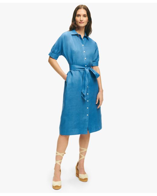 Blue Linen Puff Sleeve Belted Shirt Dress di Brooks Brothers