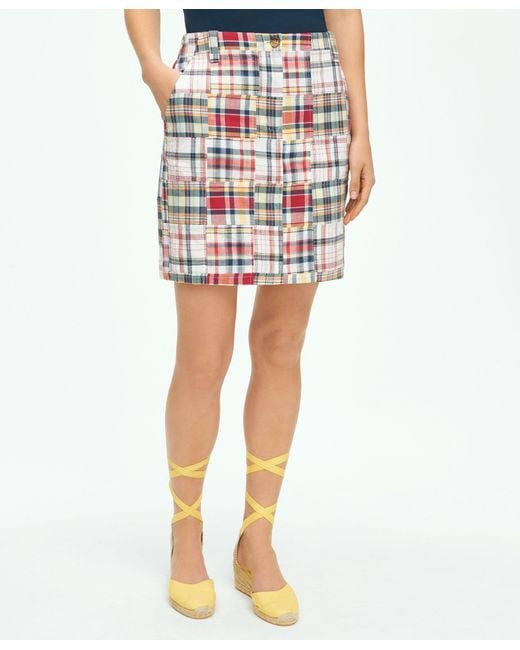 Brooks Brothers White Madras Patchwork Pencil Skirt In Cotton